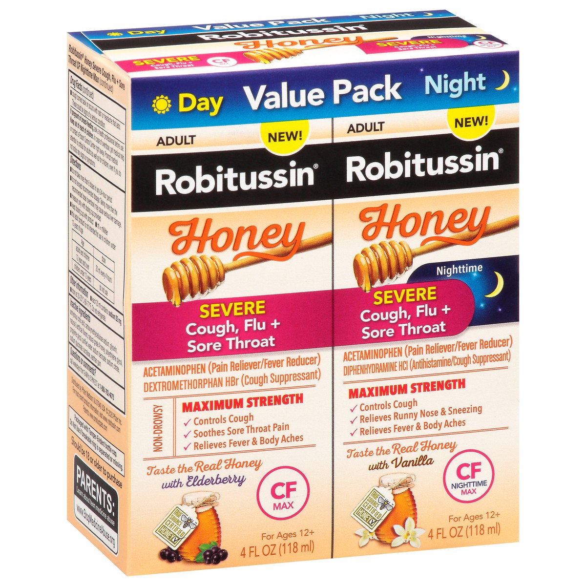 slide 2 of 9, Robitussin Value Pack Honey Day/Night Severe Cough, Flu + Sore Throat 2-4 fl oz Bottles, 2 ct