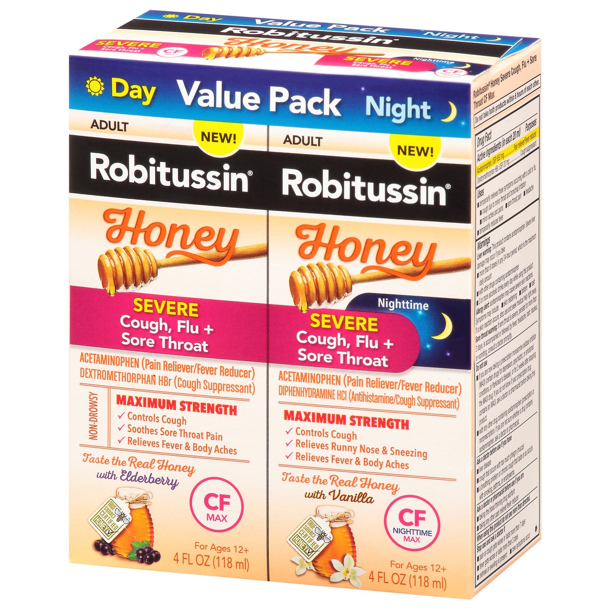 slide 3 of 9, Robitussin Value Pack Honey Day/Night Severe Cough, Flu + Sore Throat 2-4 fl oz Bottles, 2 ct