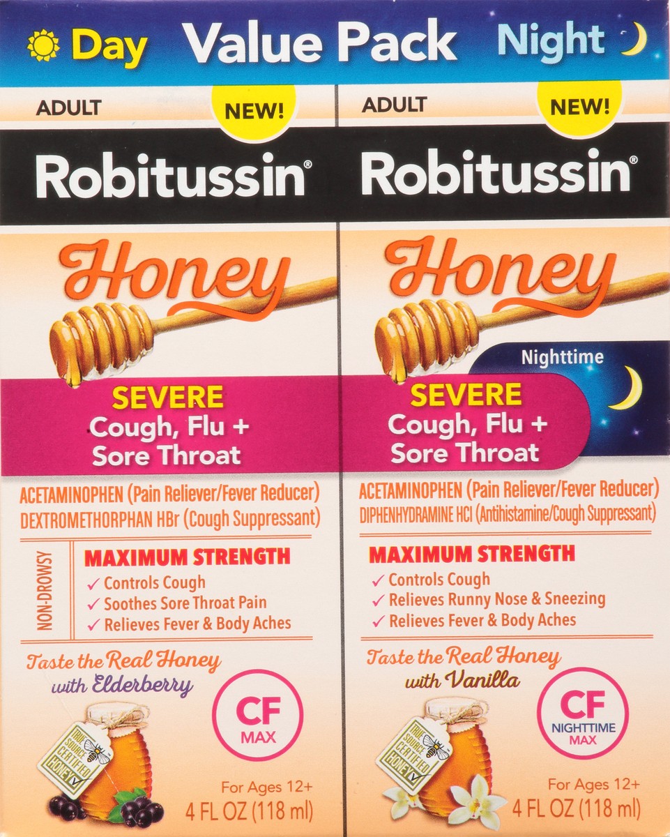 slide 6 of 9, Robitussin Value Pack Honey Day/Night Severe Cough, Flu + Sore Throat 2-4 fl oz Bottles, 2 ct