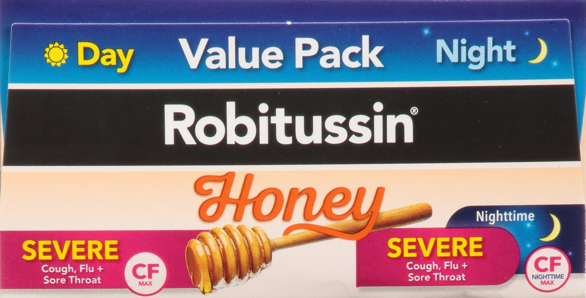 slide 9 of 9, Robitussin Value Pack Honey Day/Night Severe Cough, Flu + Sore Throat 2-4 fl oz Bottles, 2 ct