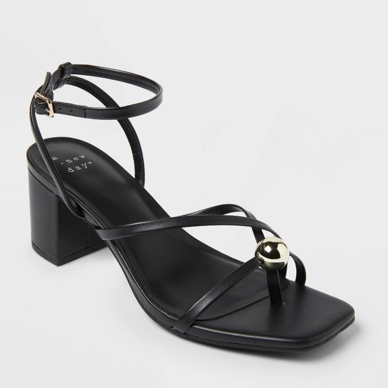slide 1 of 4, Women's Phoebe Strappy Ball Ornament Heels - A New Day™ Black 10: Adjustable Buckle Strap, Block Heel, Open Square Toe, 1 ct