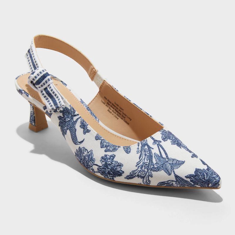 slide 1 of 4, Women's Milan Floral Print Slingback Heels - A New Day™ Blue 8.5: Cushioned Insole, Stiletto Heel, Pointed Toe, Slip On, 1 ct