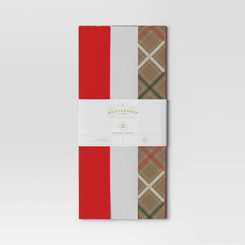 slide 3 of 3, 30ct Christmas Tissue Paper Brown Plaid/Red/White - Wondershop™, 30 ct