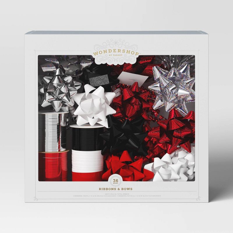 slide 3 of 3, 36ct Christmas Bows and Curling Ribbon Kit Silver/Red/White/Black - Wondershop™, 36 ct