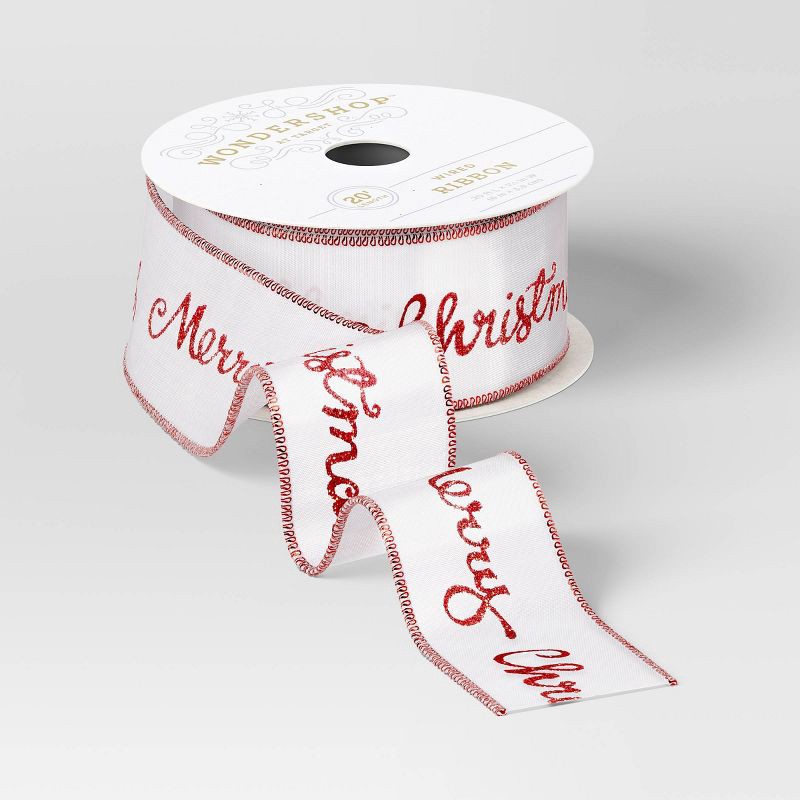slide 1 of 3, 20' Christmas Premium Ribbon Merry Christmas Red/White - Wondershop™, 1 ct