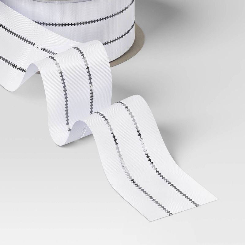 slide 3 of 3, Christmas Candy Cane Wishes Premium Ribbon White Satin Silver Metallic Stripes - Wondershop™, 1 ct