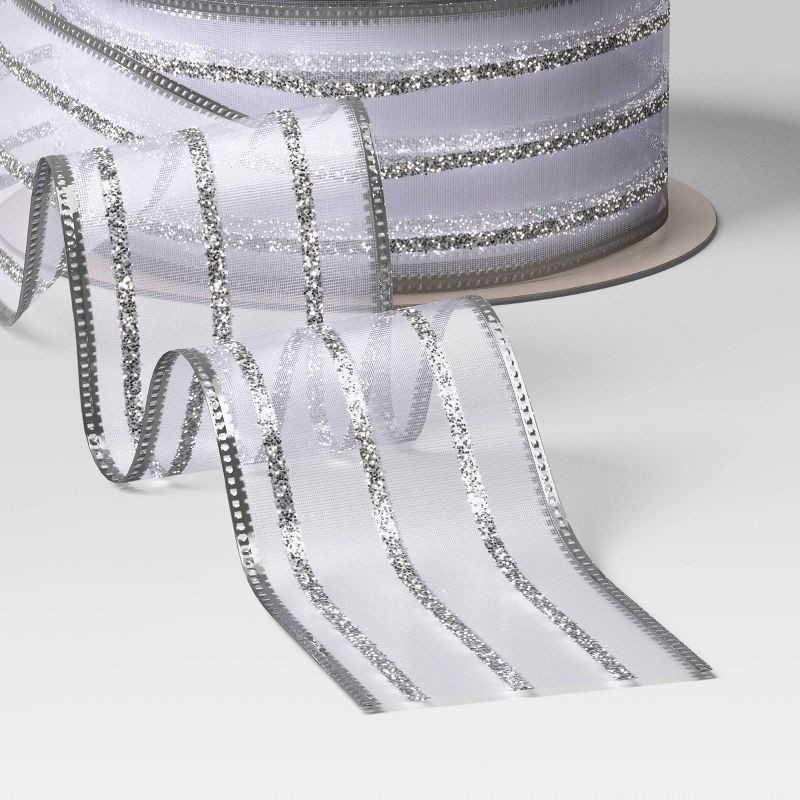slide 3 of 3, 15' Christmas Candy Cane Wishes Premium Ribbon Silver Metallic Stripes - Wondershop™, 1 ct