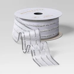 15' Christmas Candy Cane Wishes Premium Ribbon Silver Metallic Stripes - Wondershop™