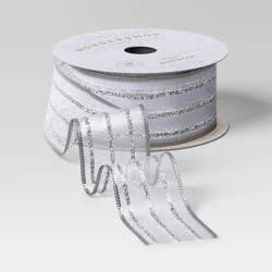 15' Christmas Candy Cane Wishes Premium Ribbon Silver Metallic Stripes - Wondershop™