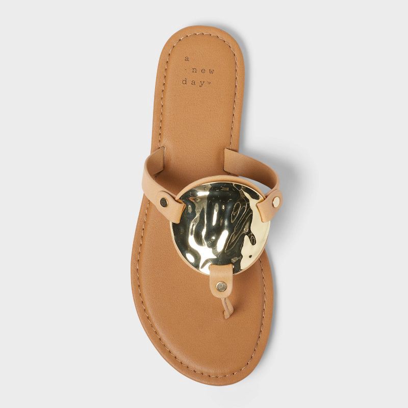 slide 3 of 4, Women's Layla Ornament Thong Sandals - A New Day™ Tan 7.5: Slip-On T-Strap, Faux Leather, Cushioned Insole, Open Round Toe, 1 ct