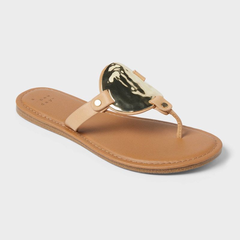 slide 1 of 4, Women's Layla Ornament Thong Sandals - A New Day™ Tan 7.5: Slip-On T-Strap, Faux Leather, Cushioned Insole, Open Round Toe, 1 ct