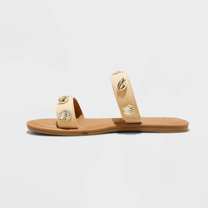 slide 2 of 4, Women's Kiera Embellished Slides - A New Day™ Tan 7: Slip-On Open Toe Sandals, Raffia Upper, Textured Outsole, 1 ct