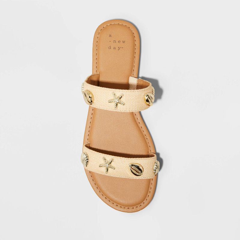 slide 3 of 4, Women's Kiera Embellished Slides - A New Day™ Tan 7: Slip-On Open Toe Sandals, Raffia Upper, Textured Outsole, 1 ct