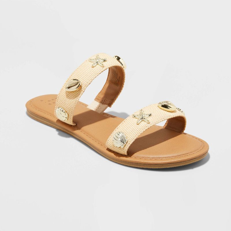 slide 1 of 4, Women's Kiera Embellished Slides - A New Day™ Tan 7: Slip-On Open Toe Sandals, Raffia Upper, Textured Outsole, 1 ct