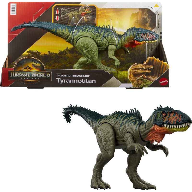 slide 1 of 6, Jurassic World Rebirth Gigantic Thrashers Tyrannotitian Dinosaur Figure Toy, Tail Activated Attack, 1 ct