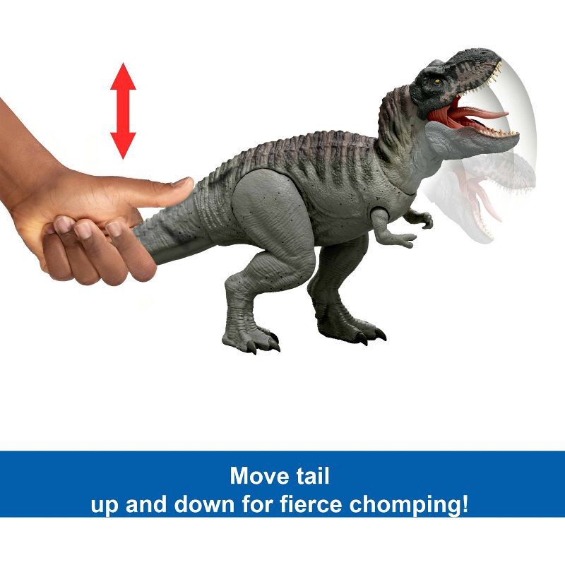 slide 3 of 6, Jurassic World Rebirth Power Devour Tyrannosaurus Rex Dinosaur Figure, Constant Chomp Lights & Sound, 1 ct