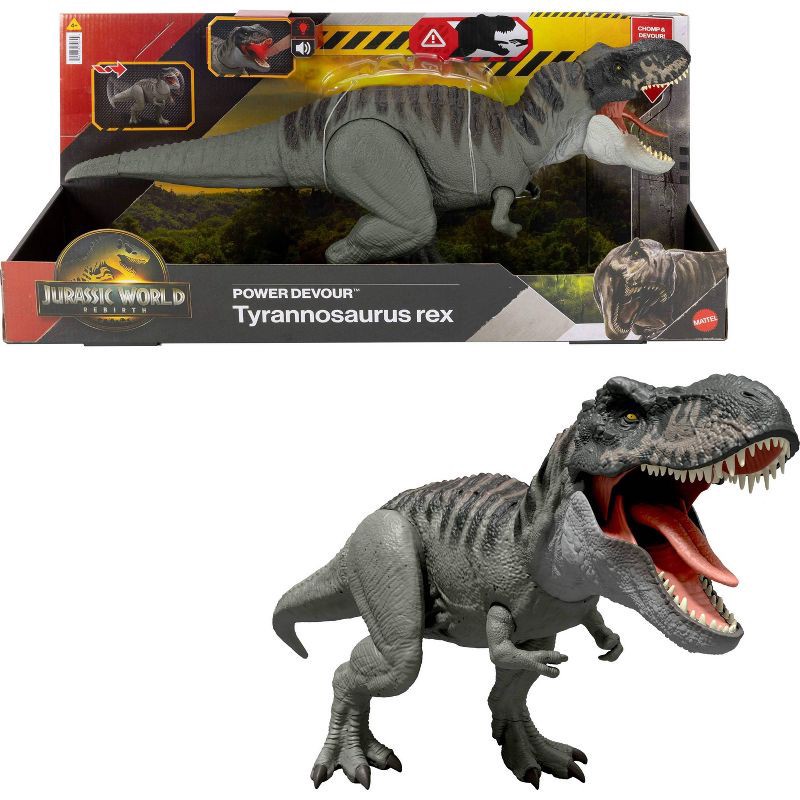 slide 1 of 6, Jurassic World Rebirth Power Devour Tyrannosaurus Rex Dinosaur Figure, Constant Chomp Lights & Sound, 1 ct