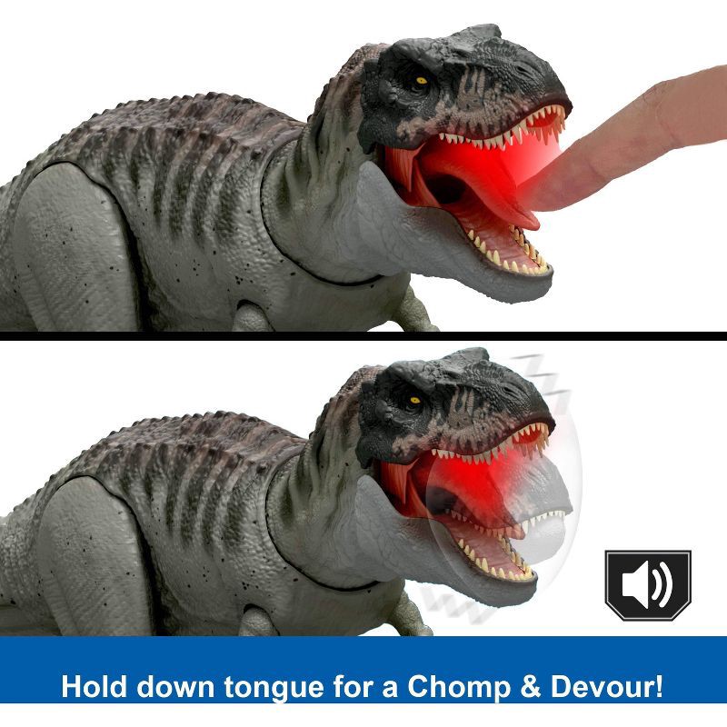 slide 5 of 6, Jurassic World Rebirth Power Devour Tyrannosaurus Rex Dinosaur Figure, Constant Chomp Lights & Sound, 1 ct
