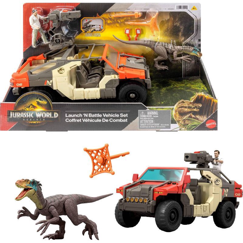 slide 1 of 6, Jurassic World Rebirth Launch ‘N Battle Vehicle with 1 Human & 1 Raptor Figure, Turret & Projectiles, 1 ct