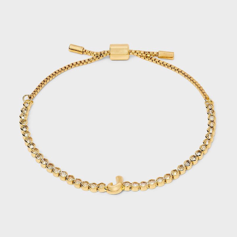 slide 1 of 4, SUGARFIX by BaubleBar Crystal Initial "J" Chain Bracelet - Gold: Brass Stretch Jewelry, 8" Length, 1 ct
