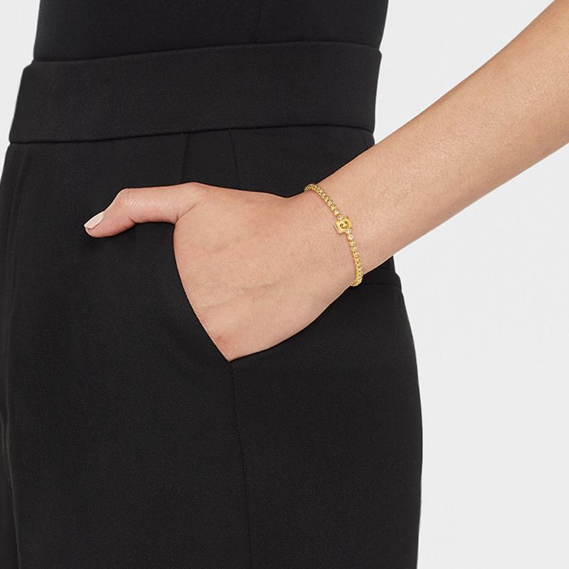 slide 2 of 4, SUGARFIX by BaubleBar Crystal Initial "E" Chain Bracelet - Gold: Brass Stretch Jewelry, Drawstring Closure, 8" Length, 1 ct