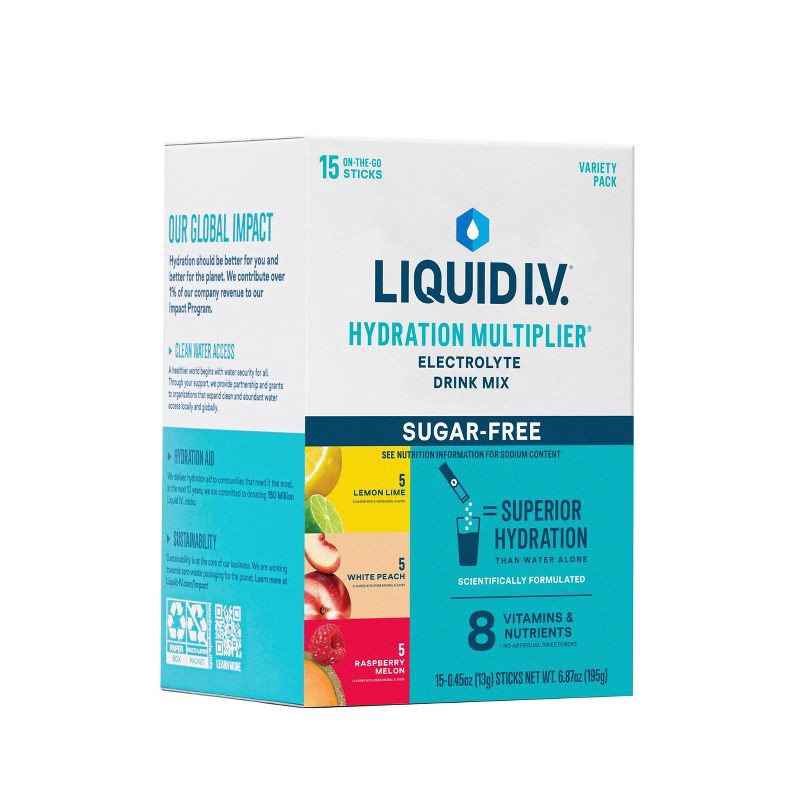 slide 2 of 11, Liquid I.V. Sugar Free Hydration Multiplier Vegan Powder Electrolyte Supplements Variety Pack - 15ct/0.45oz, 15 ct, 0.45 oz