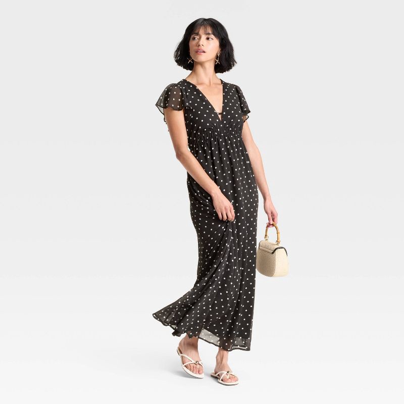 slide 3 of 3, Women's Dolman Short Sleeve Maxi A-Line Dress - A New Day™ Black/White Polka Dots L, 1 ct