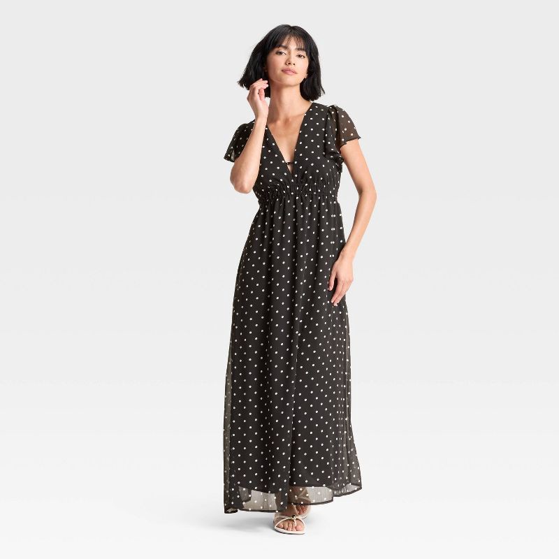 slide 1 of 3, Women's Dolman Short Sleeve Maxi A-Line Dress - A New Day™ Black/White Polka Dots L, 1 ct
