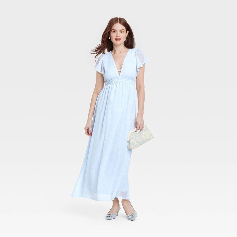 slide 3 of 3, Women's Dolman Short Sleeve Maxi A-Line Dress - A New Day™ Light Blue XL: Deep V Neck, Chiffon, Front Tie, 1 ct