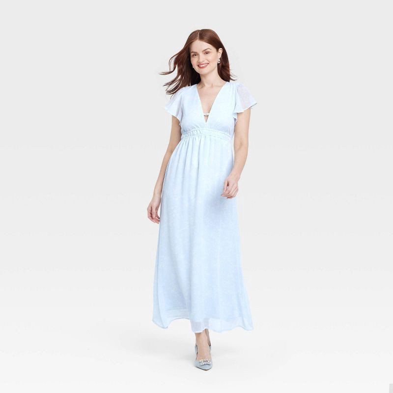 slide 1 of 3, Women's Dolman Short Sleeve Maxi A-Line Dress - A New Day™ Light Blue XL: Deep V Neck, Chiffon, Front Tie, 1 ct