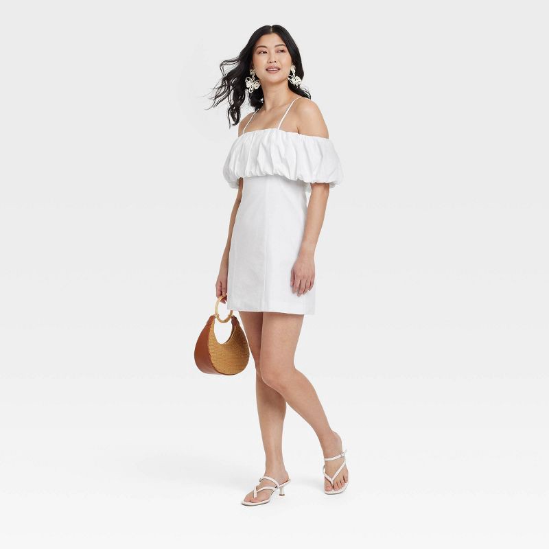slide 3 of 3, Women's Ruffle Mini A-Line Dress - A New Day™ White 14: Off Shoulder, Spaghetti Straps, Side Zipper, 1 ct
