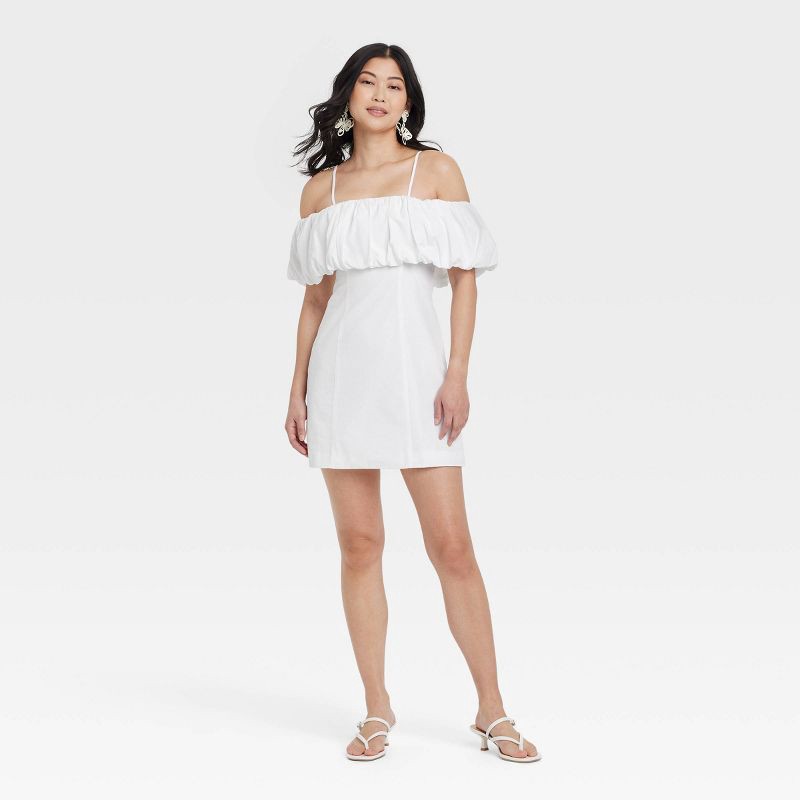 slide 1 of 3, Women's Ruffle Mini A-Line Dress - A New Day™ White 14: Off Shoulder, Spaghetti Straps, Side Zipper, 1 ct