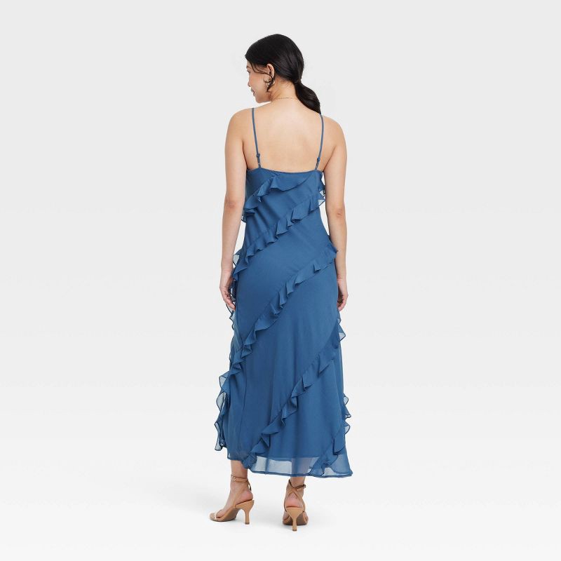 slide 2 of 3, Women's Ruffle Maxi Slip Dress - A New Day™ Blue M: Sleeveless V Neck, Spaghetti Straps, Midweight Woven Fabric, 50" Length, 1 ct
