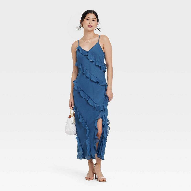 slide 3 of 3, Women's Ruffle Maxi Slip Dress - A New Day™ Blue M: Sleeveless V Neck, Spaghetti Straps, Midweight Woven Fabric, 50" Length, 1 ct