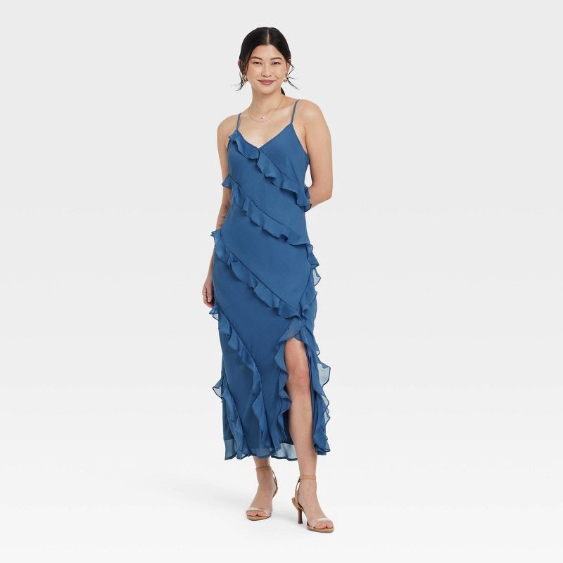 slide 1 of 3, Women's Ruffle Maxi Slip Dress - A New Day™ Blue M: Sleeveless V Neck, Spaghetti Straps, Midweight Woven Fabric, 50" Length, 1 ct