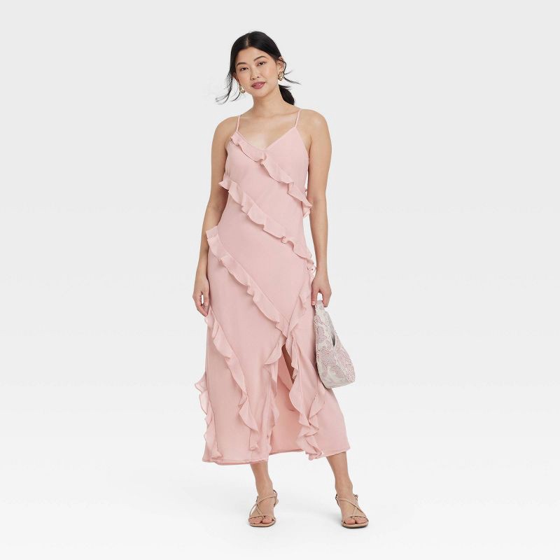 slide 3 of 3, Women's Ruffle Maxi Slip Dress - A New Day™ Light Pink S: Sleeveless V Neck, Spaghetti Straps, Midweight Woven Fabric, 1 ct
