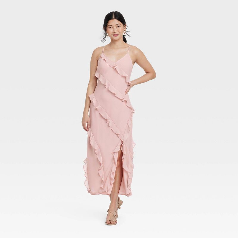 slide 1 of 3, Women's Ruffle Maxi Slip Dress - A New Day™ Light Pink S: Sleeveless V Neck, Spaghetti Straps, Midweight Woven Fabric, 1 ct