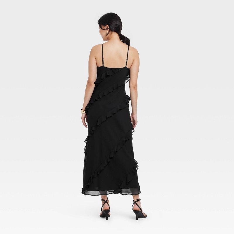 slide 2 of 3, Women's Ruffle Maxi Slip Dress - A New Day™ Black XS: Sleeveless, Deep V Neck, Spaghetti Straps, V Back, Machine Washable, 1 ct
