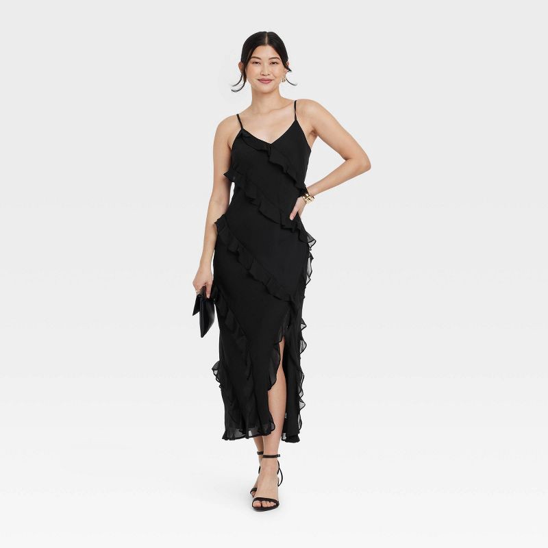 slide 3 of 3, Women's Ruffle Maxi Slip Dress - A New Day™ Black XS: Sleeveless, Deep V Neck, Spaghetti Straps, V Back, Machine Washable, 1 ct