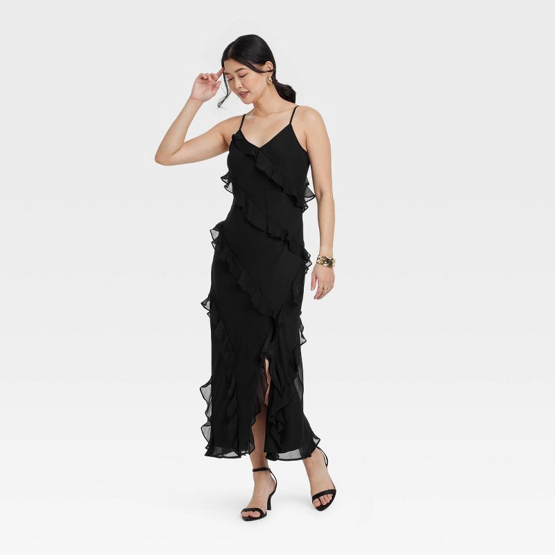 slide 1 of 3, Women's Ruffle Maxi Slip Dress - A New Day™ Black XS: Sleeveless, Deep V Neck, Spaghetti Straps, V Back, Machine Washable, 1 ct