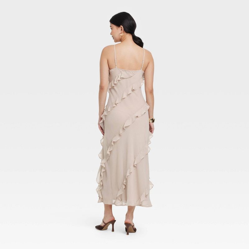 slide 2 of 3, Women's Ruffle Maxi Slip Dress - A New Day™ Tan M: Sleeveless V Neck Woven Spaghetti Straps, 1 ct