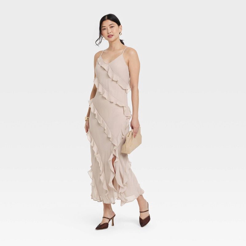 slide 3 of 3, Women's Ruffle Maxi Slip Dress - A New Day™ Tan M: Sleeveless V Neck Woven Spaghetti Straps, 1 ct