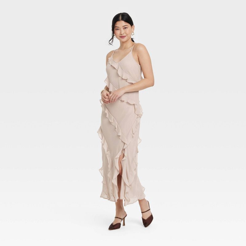 slide 1 of 3, Women's Ruffle Maxi Slip Dress - A New Day™ Tan L, 1 ct