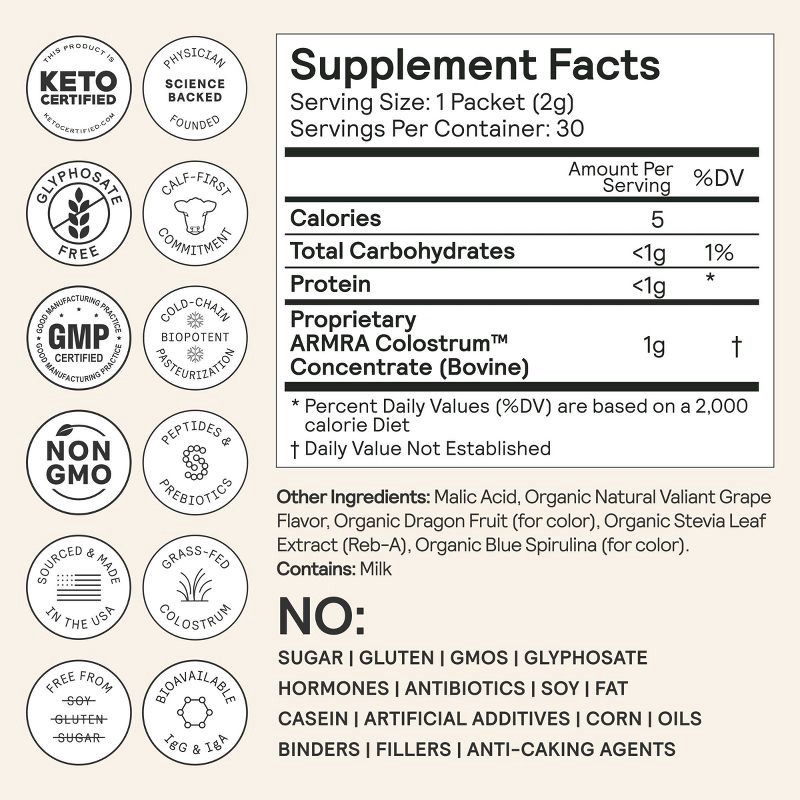 slide 3 of 5, ARMRA Colostrum Powder Travel Packs - Valiant Grape - 0.06oz/30ct, 0.06 oz, 30 ct