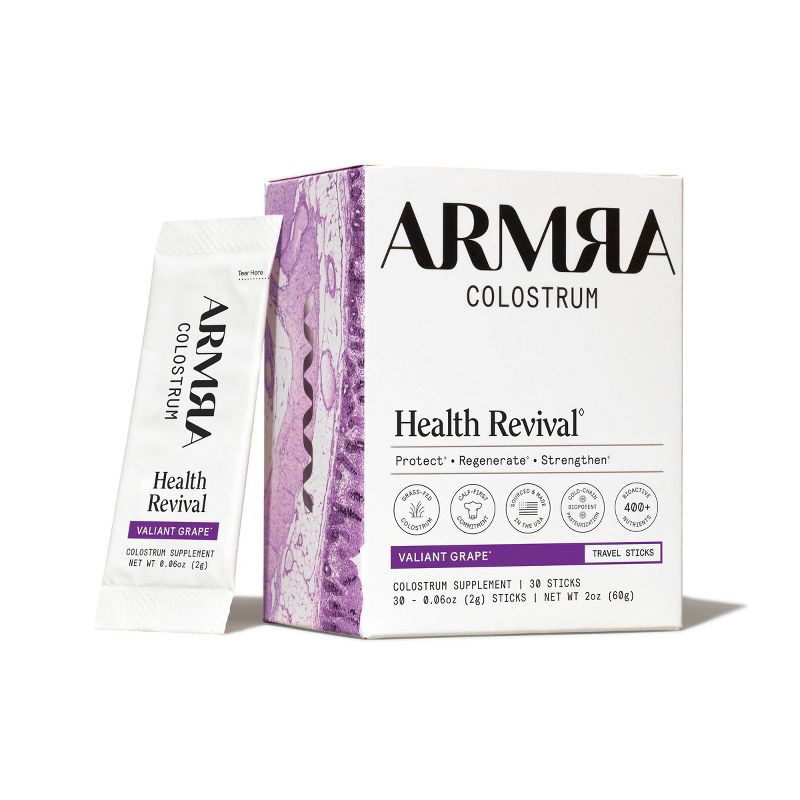slide 1 of 5, ARMRA Colostrum Powder Travel Packs - Valiant Grape - 0.06oz/30ct, 0.06 oz, 30 ct