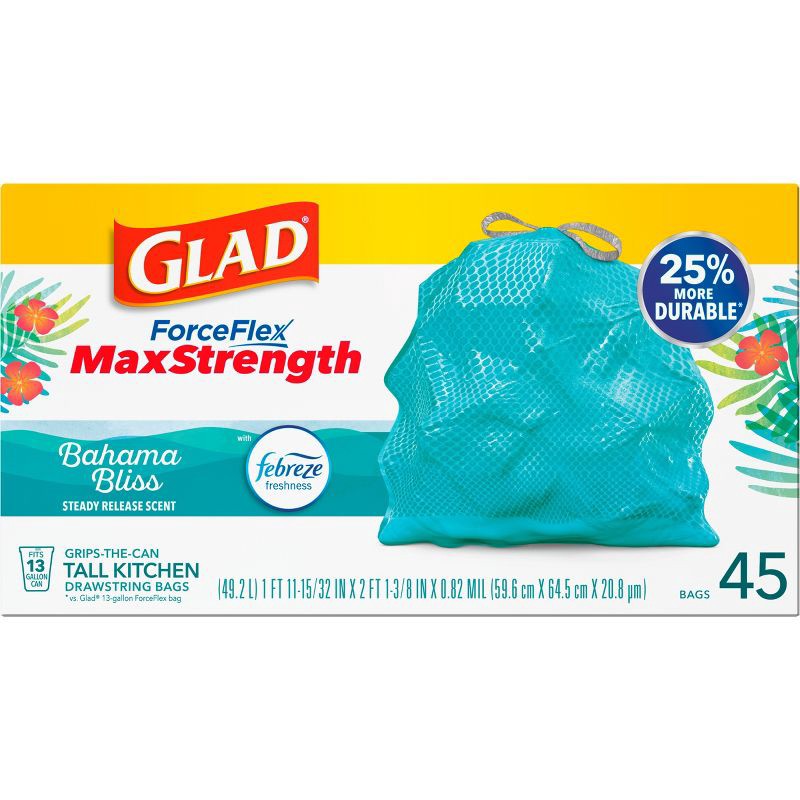 slide 12 of 17, Glad ForceFlex MaxStrength Bahama Bliss Drawstring Trash Bags - Febreze Freshness - 13gal - 45ct, 45 ct; 13 gal