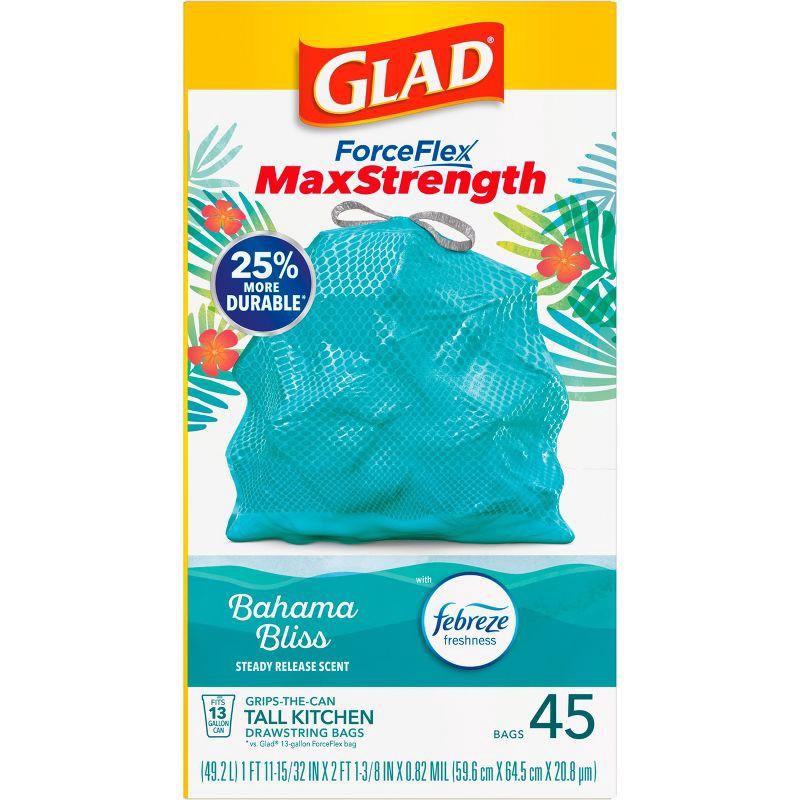 slide 14 of 17, Glad ForceFlex MaxStrength Bahama Bliss Drawstring Trash Bags - Febreze Freshness - 13gal - 45ct, 45 ct; 13 gal
