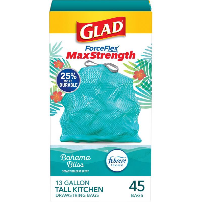 slide 1 of 17, Glad ForceFlex MaxStrength Bahama Bliss Drawstring Trash Bags - Febreze Freshness - 13gal - 45ct, 45 ct; 13 gal