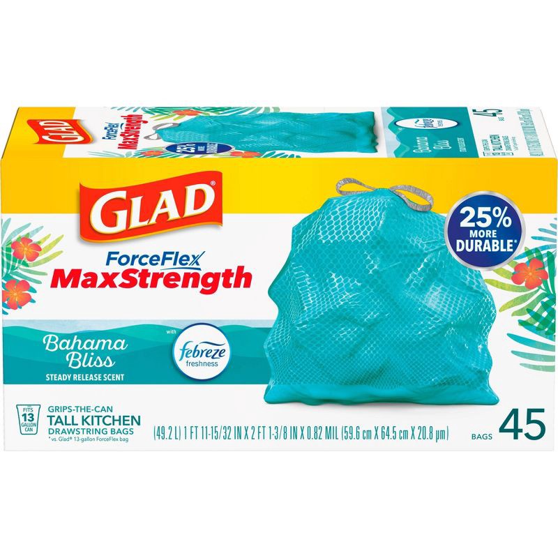 slide 11 of 12, Glad ForceFlex MaxStrength Bahama Bliss Drawstring Trash Bags - Febreze Freshness - 13gal - 45ct, 45 ct; 13 gal