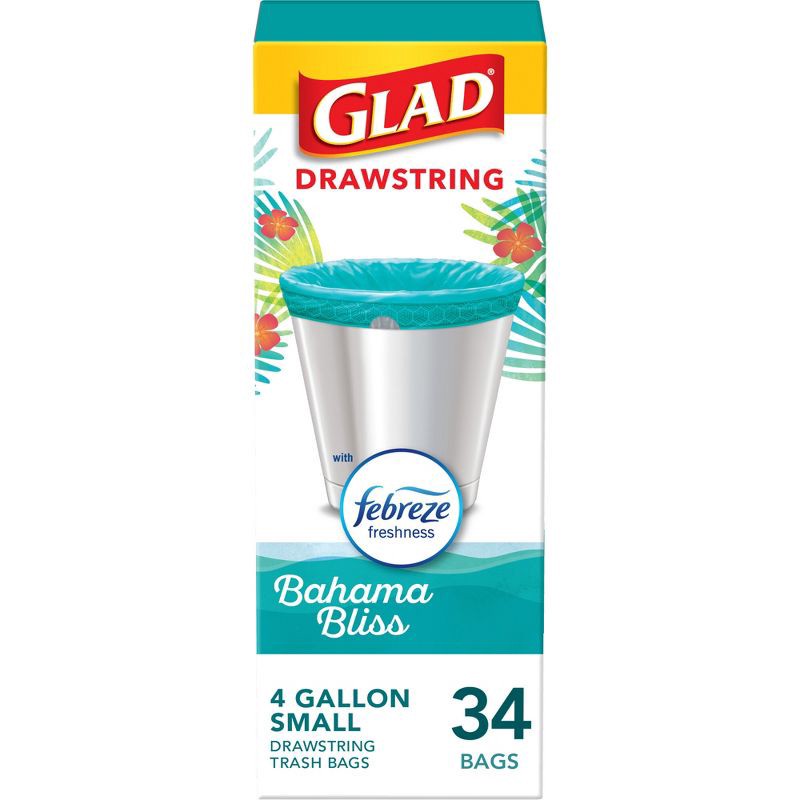 slide 1 of 12, Glad ForceFlex MaxStrength Bahama Bliss Drawstring Trash Bags - Febreze Freshness - 4gal - 34ct, 34 ct; 4 gal